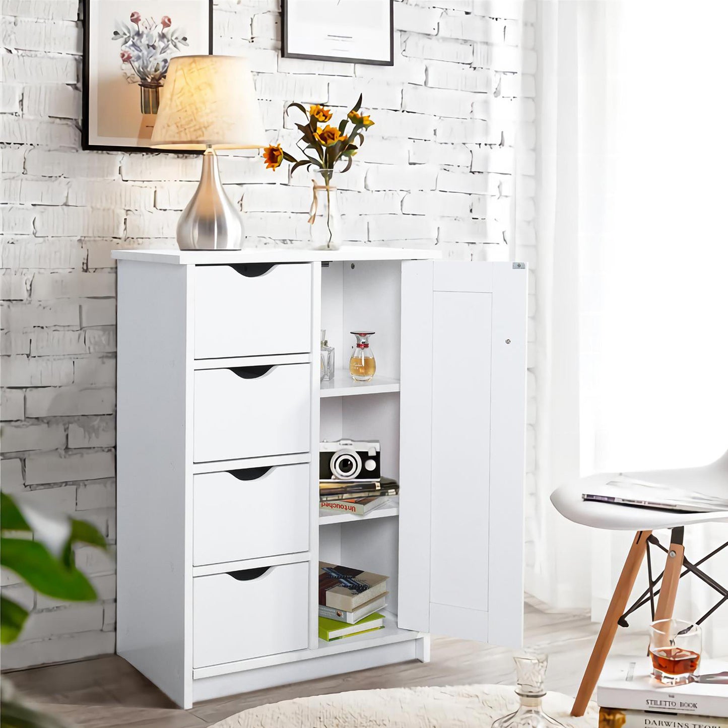 Pure White Wood Floor Storage Organizer Cabinet with 4 Drawers and 1 Door Cabinet 3 Shelves for Home and Office Use