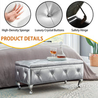 Upholstered Storage Ottoman Bench Faux Leather Rectangular Footrest with Crystal Buttons for Bedroom Living Room Entryway Silver