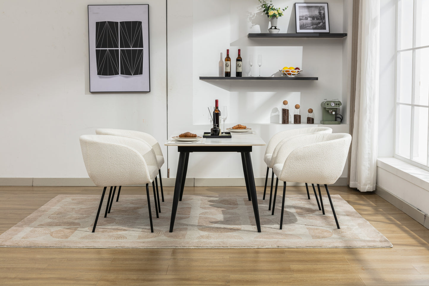 Set of 2 Ivory Boucle Fabric Dining Chairs with Black Metal Legs Modern Home Furniture