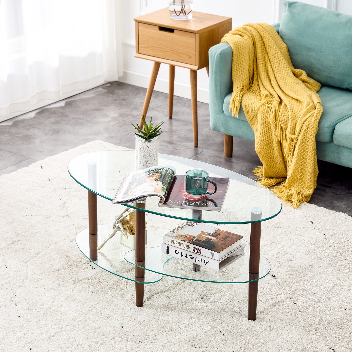 Transparent Oval Glass Coffee Table Modern Design Oak Wood Legs 3-Layer Living Room Tea Table