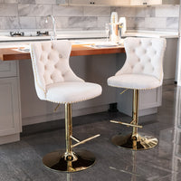 Adjustable Height Velvet Bar Stools Set of 2 Modern Upholstered Back Tufted Comfortable for Home Pub Kitchen Island Beige 25-33 Inch