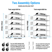 Heavy Duty 5 Tier Adjustable Storage Rack 6000lbs Metal Shelf with Wheels and Shelf Liners 82 H x 48 L x 24 D White