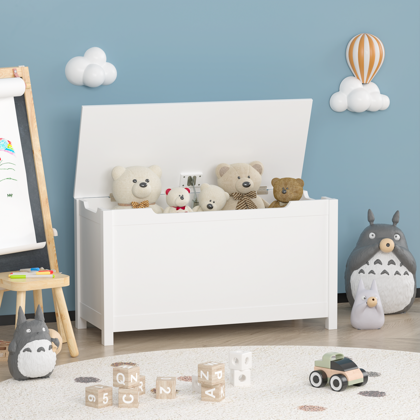 Kids Wooden Toy Box Storage with Safety Hinged Lid for Ages 2 and Up White