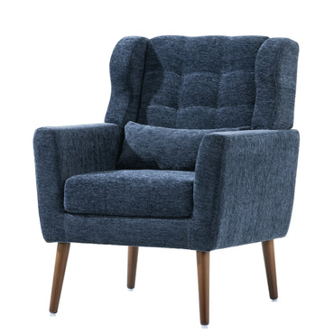 Dark Blue Chenille Accent Chair for Small Spaces Upholstered Modern Armchair with Pillow and Solid Wood Legs