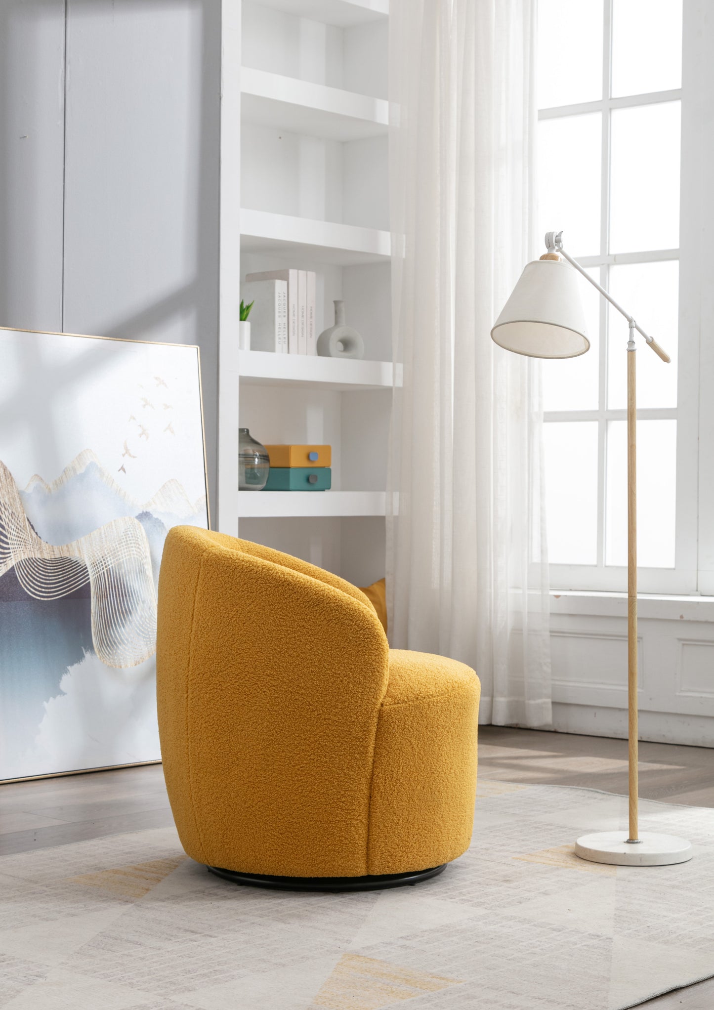 Teddy Fabric Swivel Accent Barrel Chair with Metal Ring Yellow Modern Design for Living Room