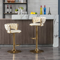 Set of 2 Velvet Bar Stools with Chrome Footrest and Base Swivel Adjustable Height Golden Legs Cream Color