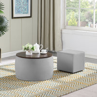 Round Ottoman Set with Storage 2 in 1 Coffee Table and Square Foot Rest Footstool for Living Room Bedroom Office