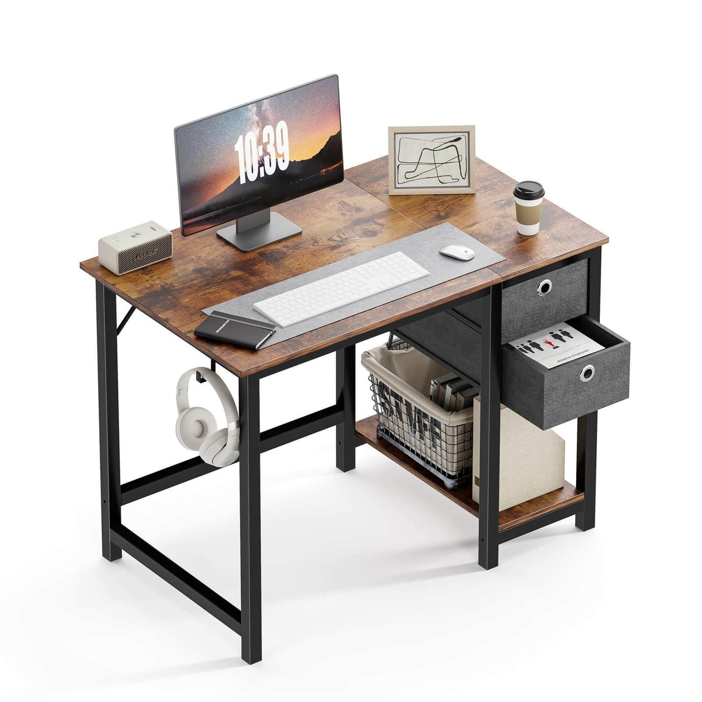 Modern Simple Style Home Office Writing Desk with 2-Tier Drawers Vintage Rustic Design 40 Inch Storage Solution