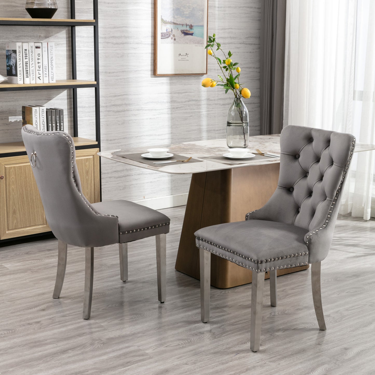 Modern High-end Tufted Solid Wood Velvet Upholstered Dining Chair with Chrome Legs and Nailhead Trim Set of 2 Gray