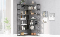 L-Shaped 7-Tier Corner Bookcase Industrial Style Metal Frame Open Storage Shelf MDF Board Home Office Furniture