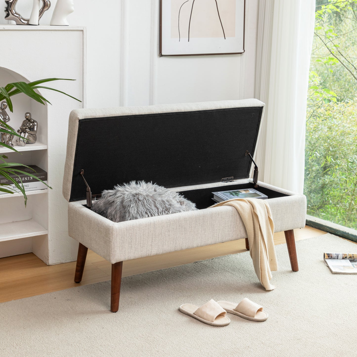 Off White Storage Bench for Bedroom or Entryway 43.7 Inch Ottoman Foot of Bed Seating Solution