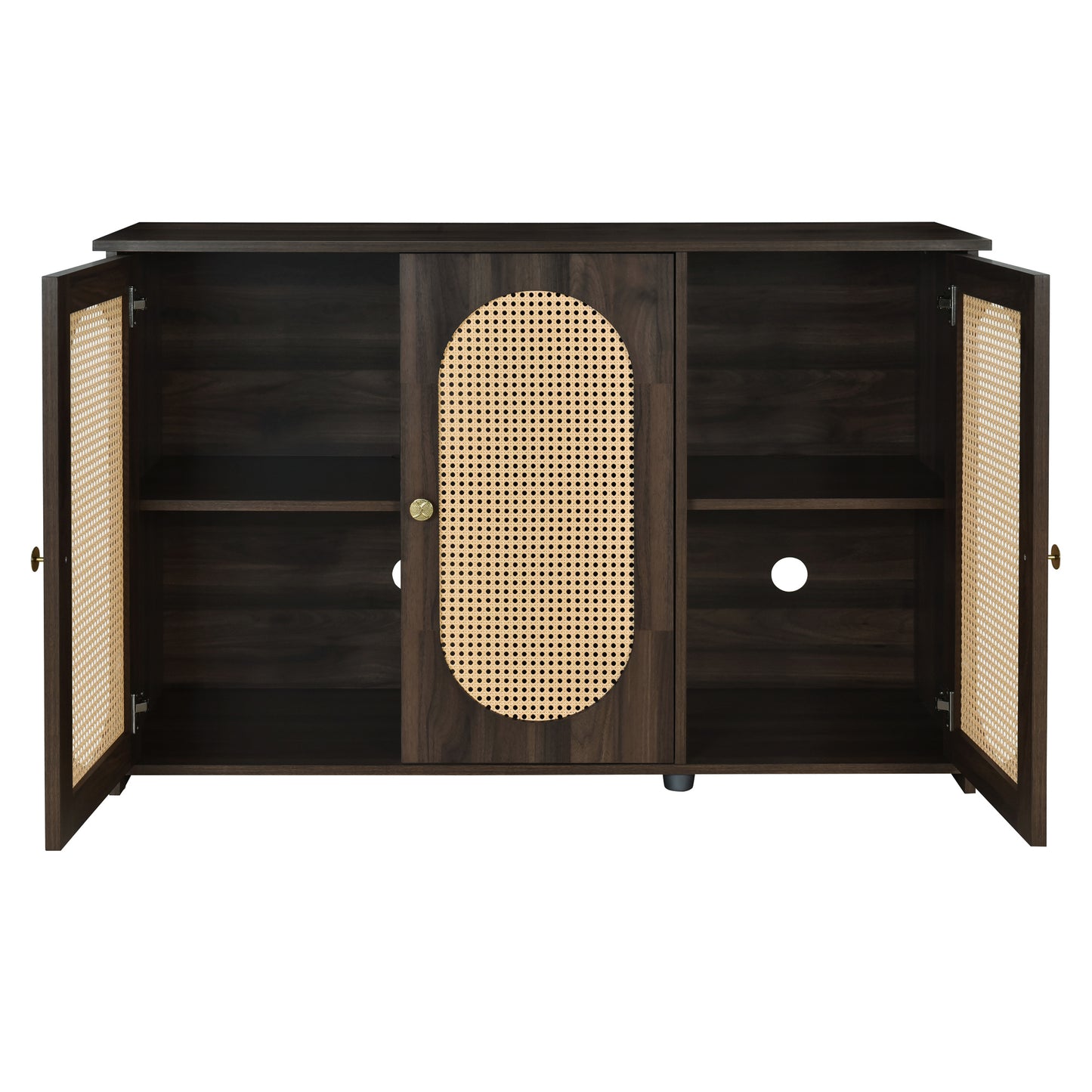 Retro 3-Door Accent Cabinet with Rattan Doors and Metal Handles for Living Room and Hallway Storage Brown