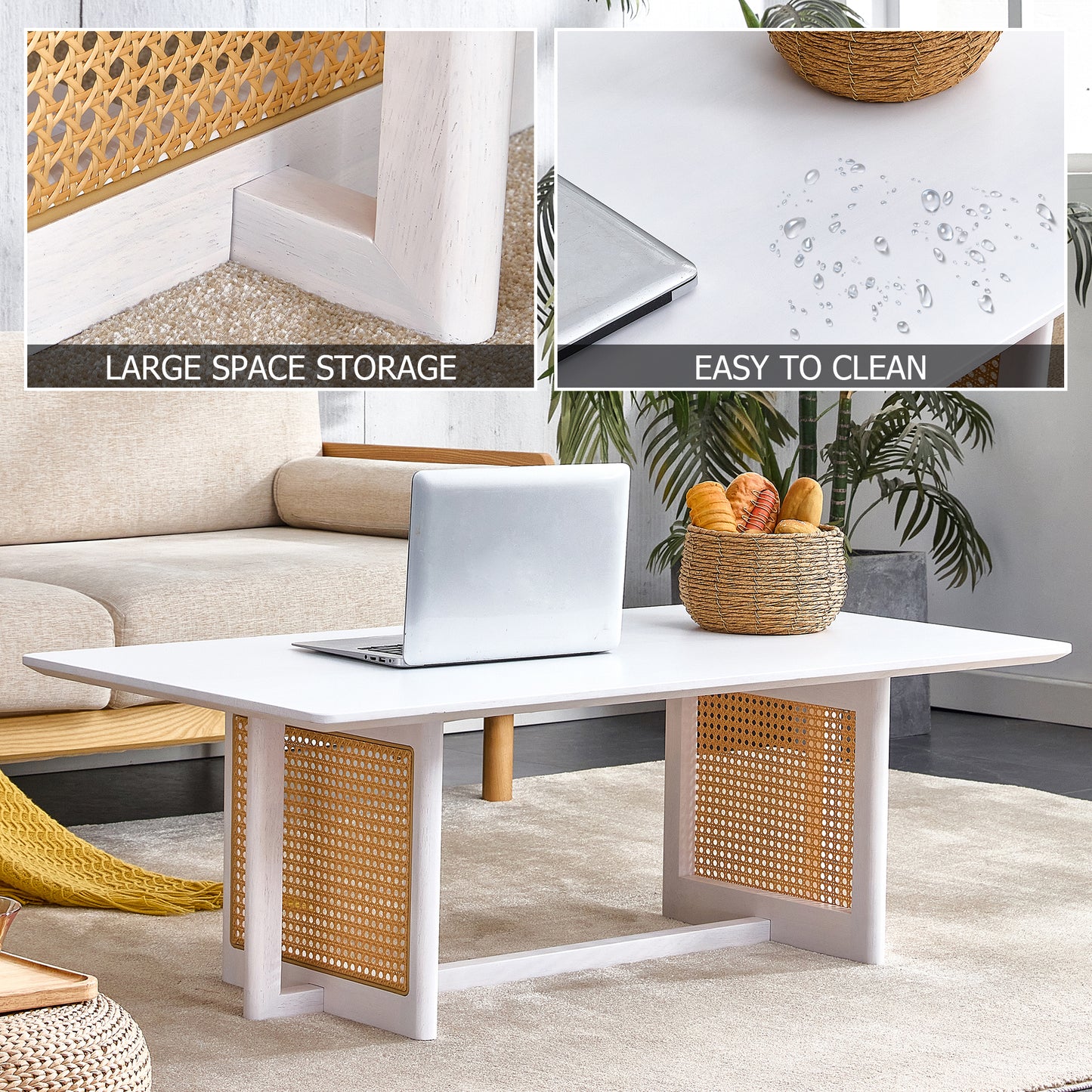 Chinese Style White Solid Wood Imitation Rattan Rectangular Coffee Table Small Living Room Low Table