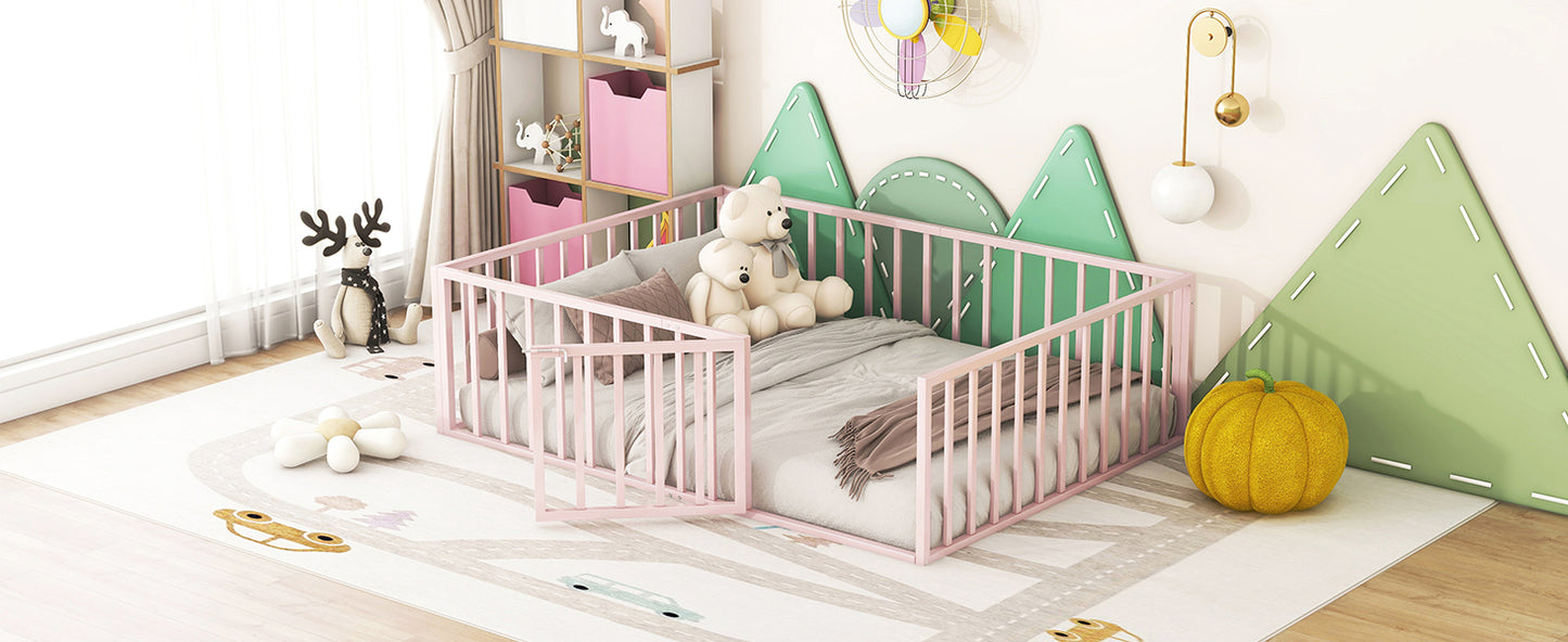 Full Size Metal Floor Bed Frame with Fence and Door, Pink