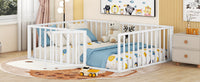 Full Size Metal Floor Bed Frame with Fence and Door, White