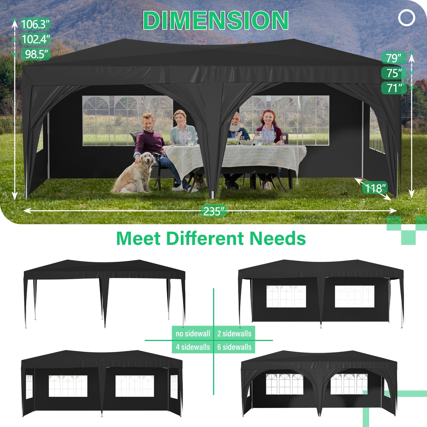 10x20 Pop Up Canopy Tent with 6 Sidewalls Waterproof Commercial Outdoor Shelter Adjustable Height with Carry Bag Sand Bags Black