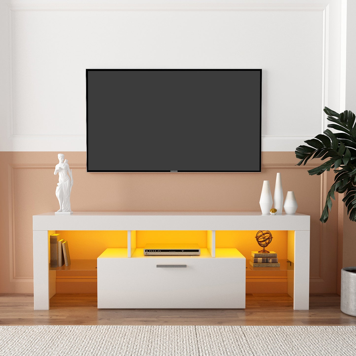 Stylish White TV Stand with LED Light Belt & Remote Control, Modern Entertainment Center, Toughened Glass Shelves, Metal Handles