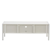 Rattan TV Cabinet with Color Changing Light Strip Double Sliding Doors Adjustable Shelf Metal Legs for Living Room White