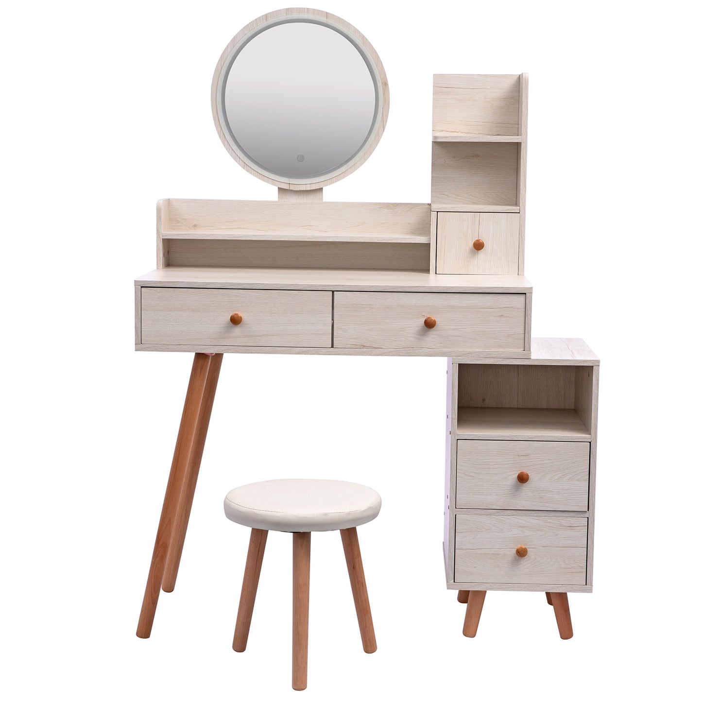 Stylish Vanity Table with Cushioned Stool Touch Control LED Mirror Large Storage Cabinet 5 Drawers Adjustable Length Makeup Furniture