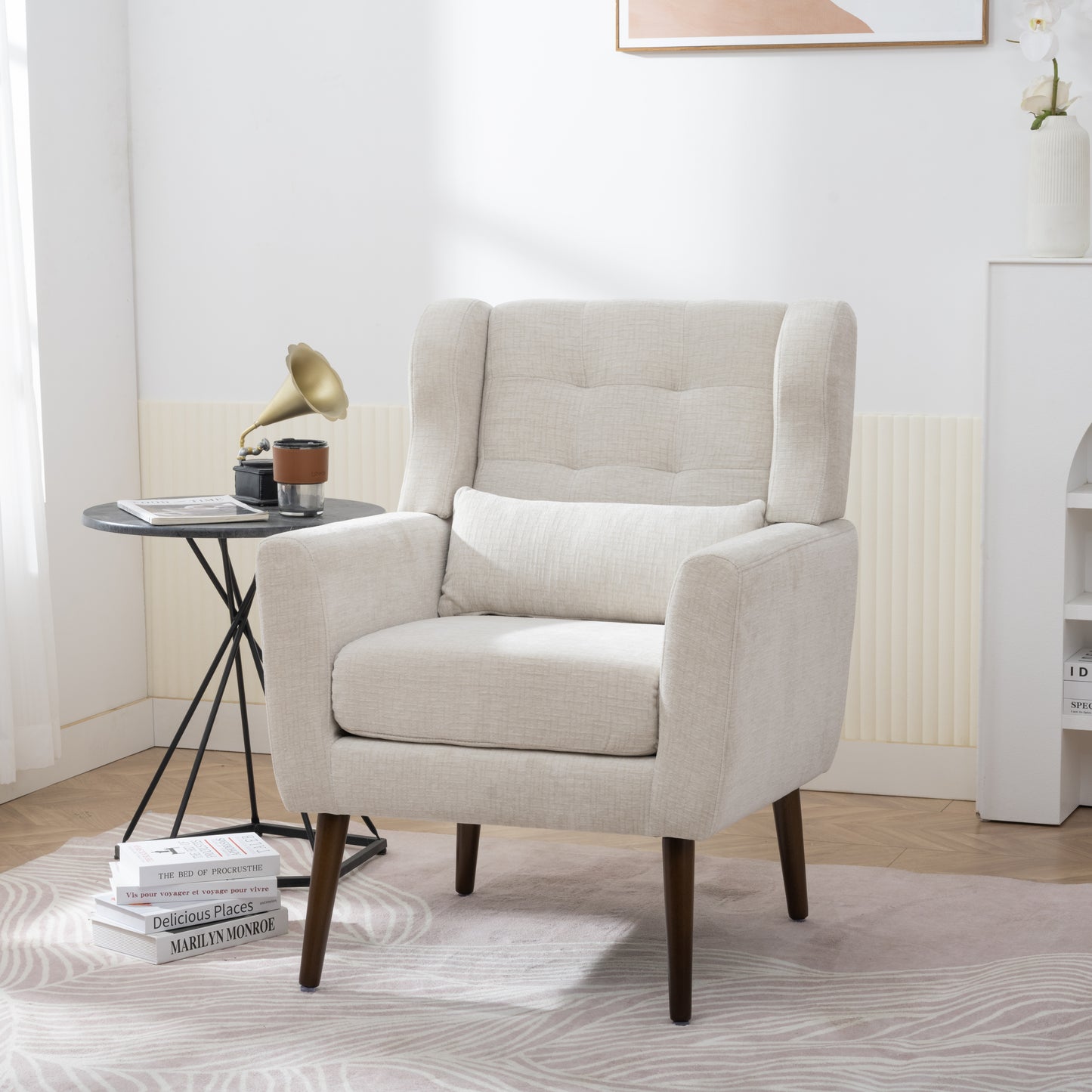 Modern Accent Chair Upholstered Foam Filled Comfy Reading Chair Mid Century Chenille Fabric Lounge Armchair for Living Room Bedroom Beige