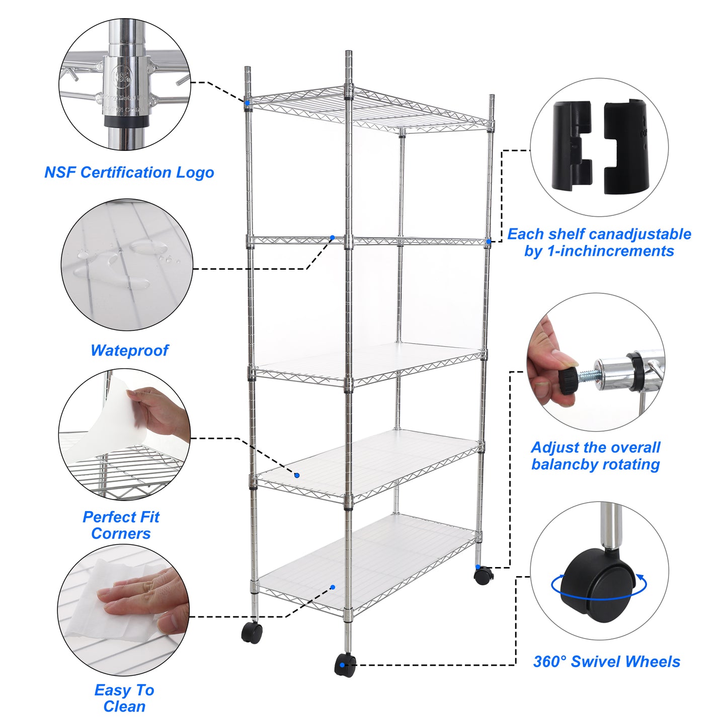 5 Tier Heavy Duty Wire Shelving Unit Adjustable Storage Shelves for Garage Kitchen Office Commercial Use Chrome Finish