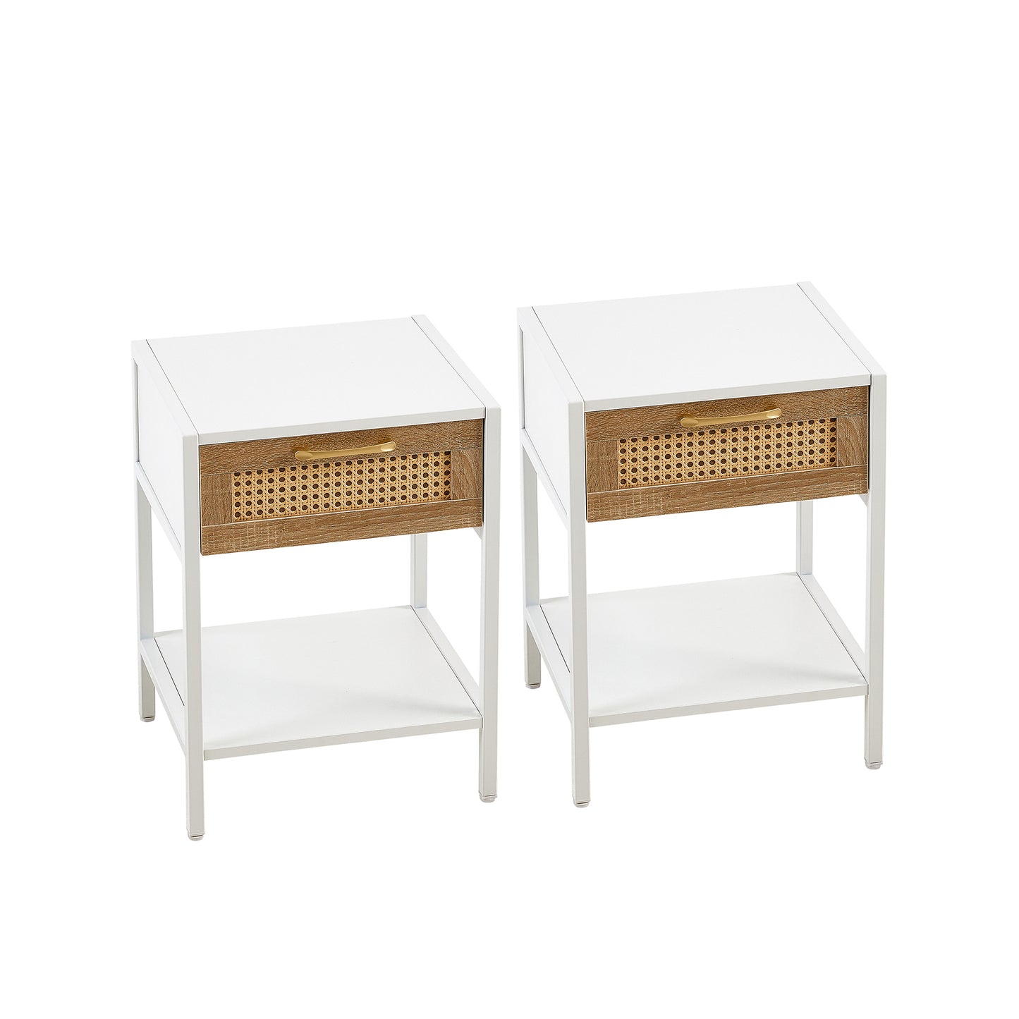 Set of 2 Rattan End Tables with Drawer Modern Nightstand Metal Legs Side Table for Living Room Bedroom White 15.74 Inch