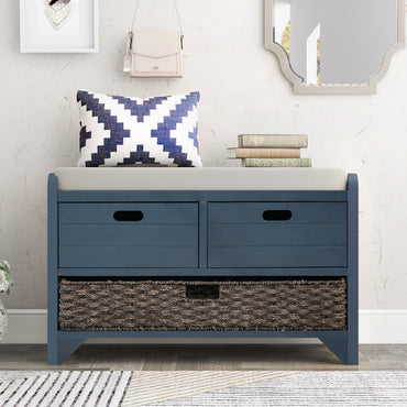 Storage Bench with Removable Basket and 2 Drawers Fully Assembled Shoe Bench with Cushion Navy