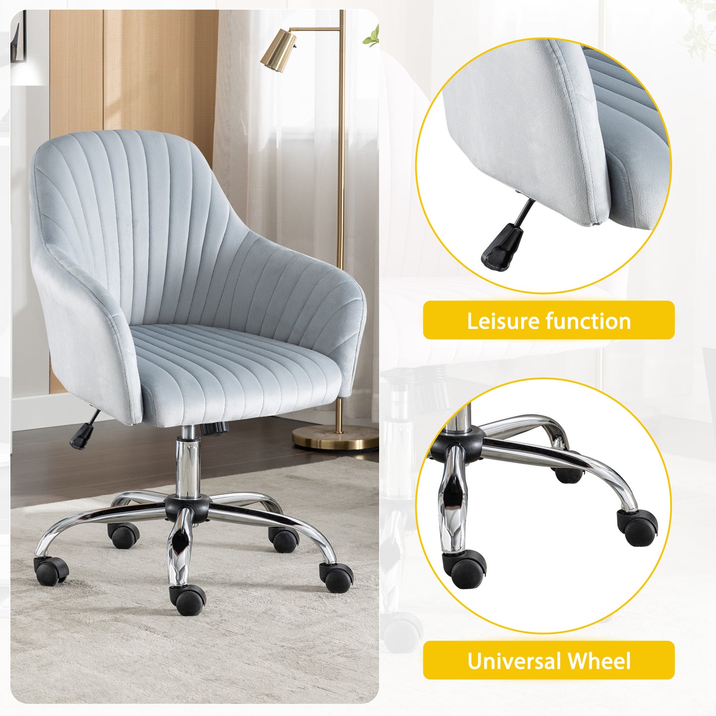 Modern Adjustable Velvet Accent Chair for Home Office Leisure Dark Grey with Height and Casters