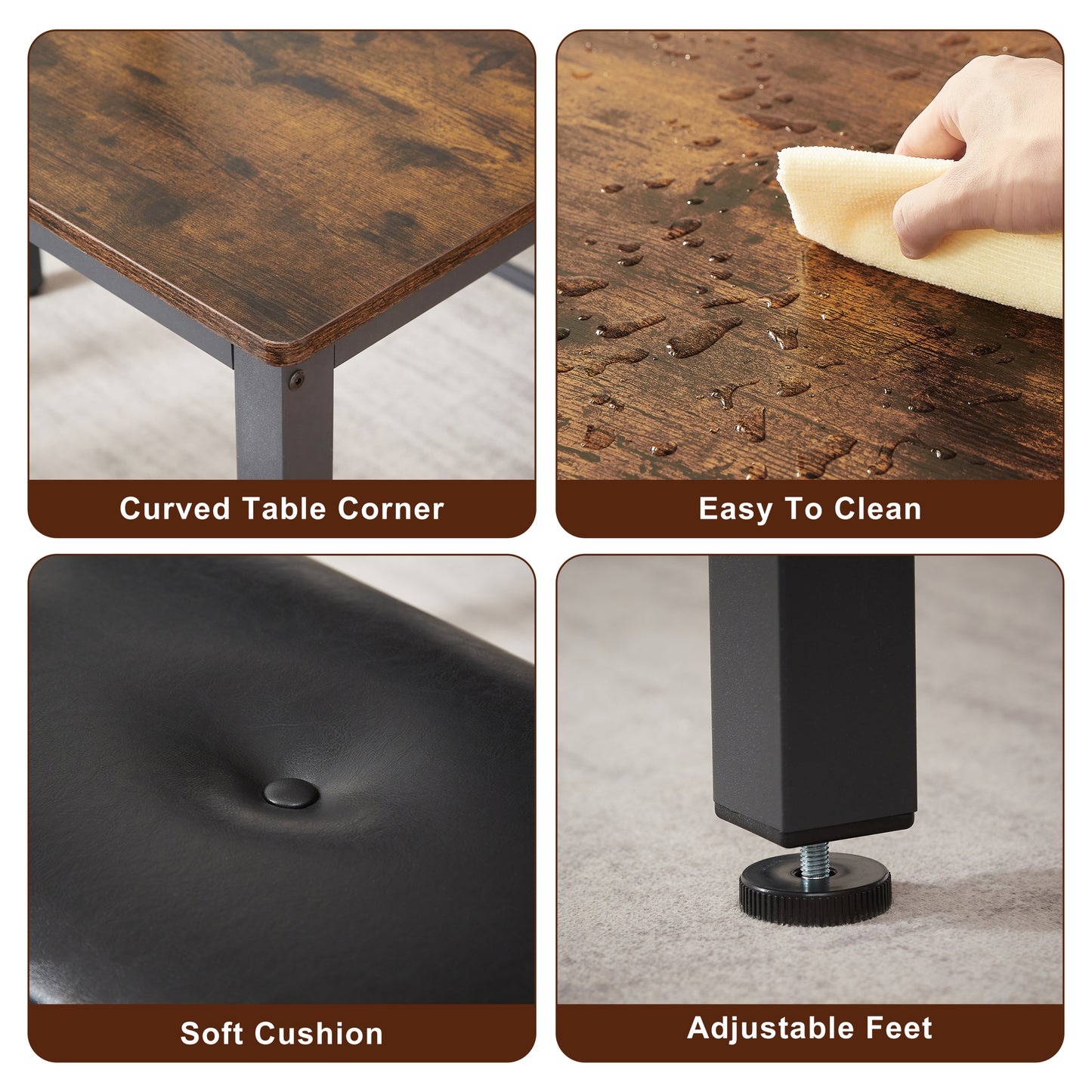 Industrial Rustic Dining Table Set with 2 PU Upholstered Benches for Kitchen and Living Room 43.3L x 23.6W x 29.9H