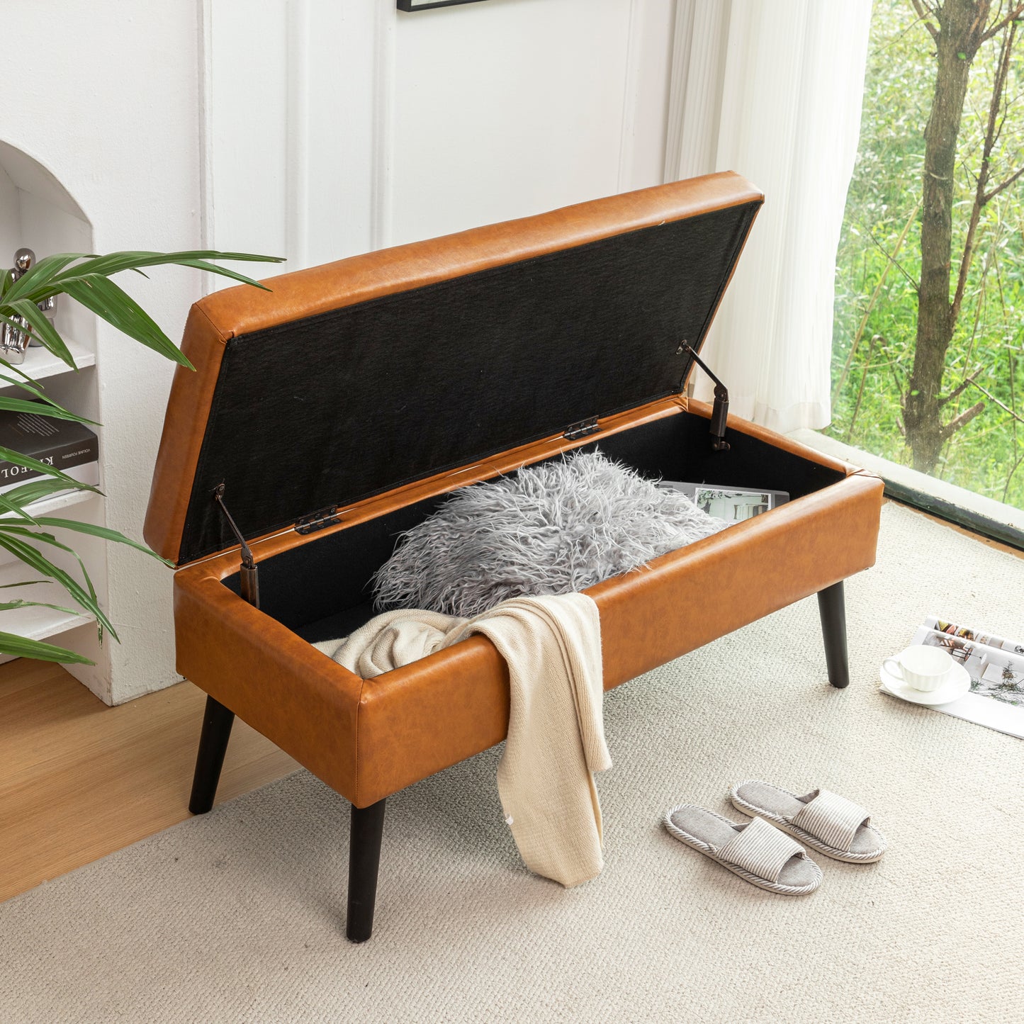 Brown Leather Storage Bench for Bedroom Entryway 43.3" Stylish Ottoman at Foot of Bed