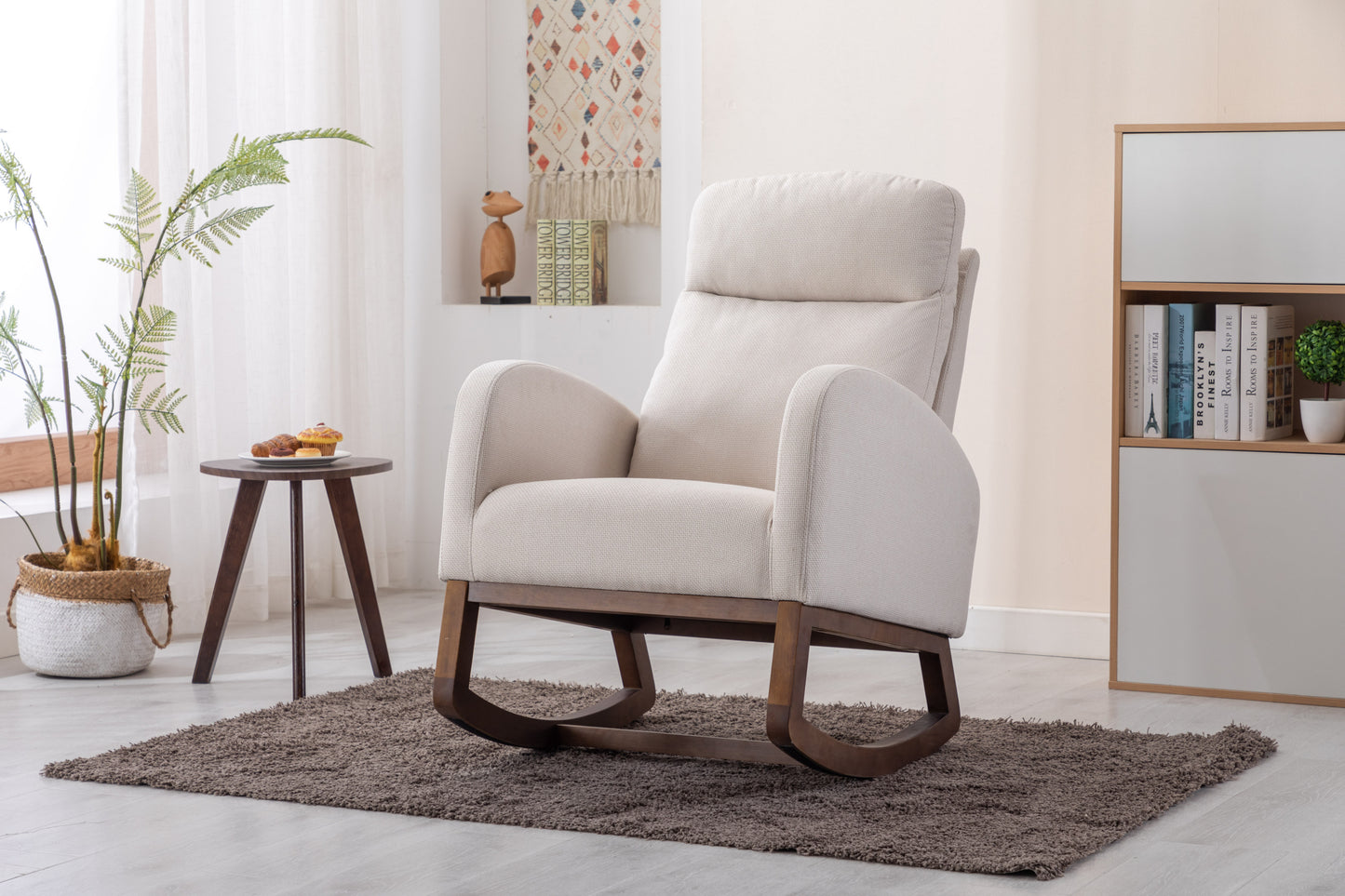 Modern Glider Recliner Armchair with Wood Legs and Side Pocket for Nursery Living Room Bedroom Beige Linen