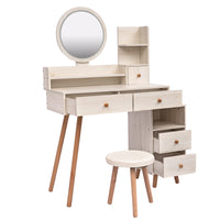 Stylish Vanity Table with Cushioned Stool Touch Control LED Mirror Large Storage Cabinet 5 Drawers Adjustable Length Makeup Furniture