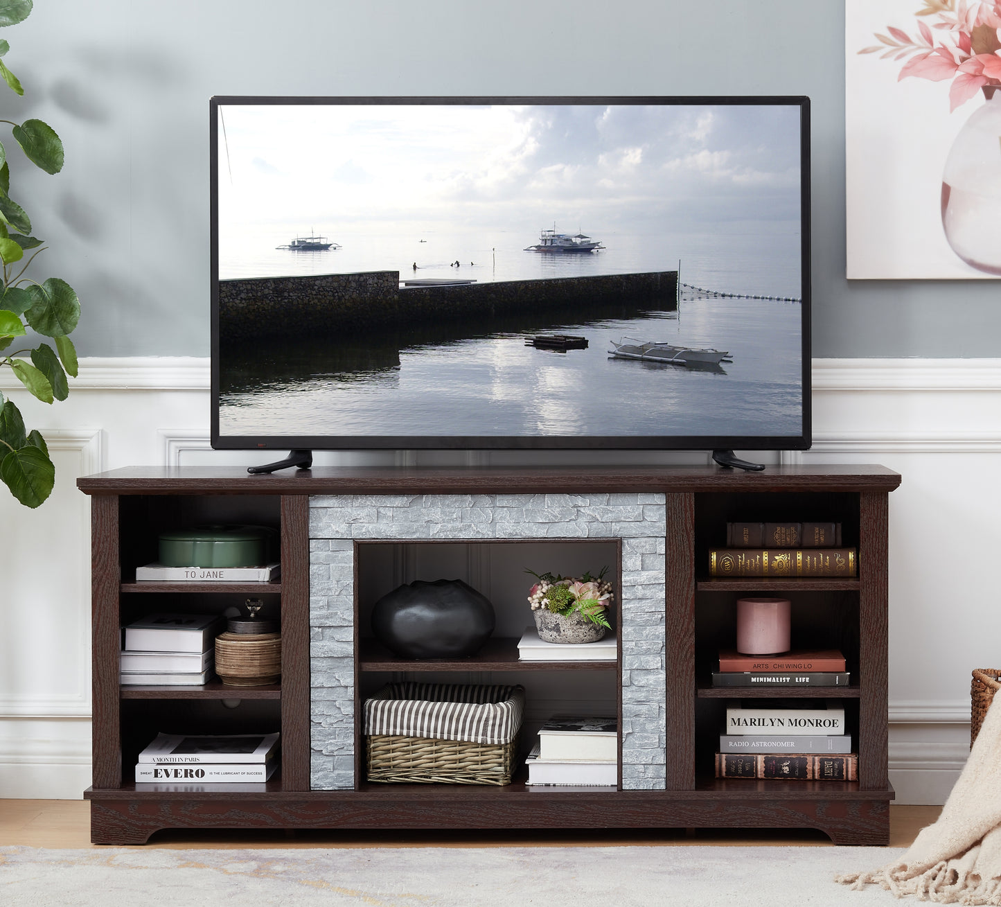 TV Media Stand with with Faux Stacked Stone Surround, Modern Entertainment Console with Open Storage Space, Cherry, 58.31"W*15.39"D*26.06"H