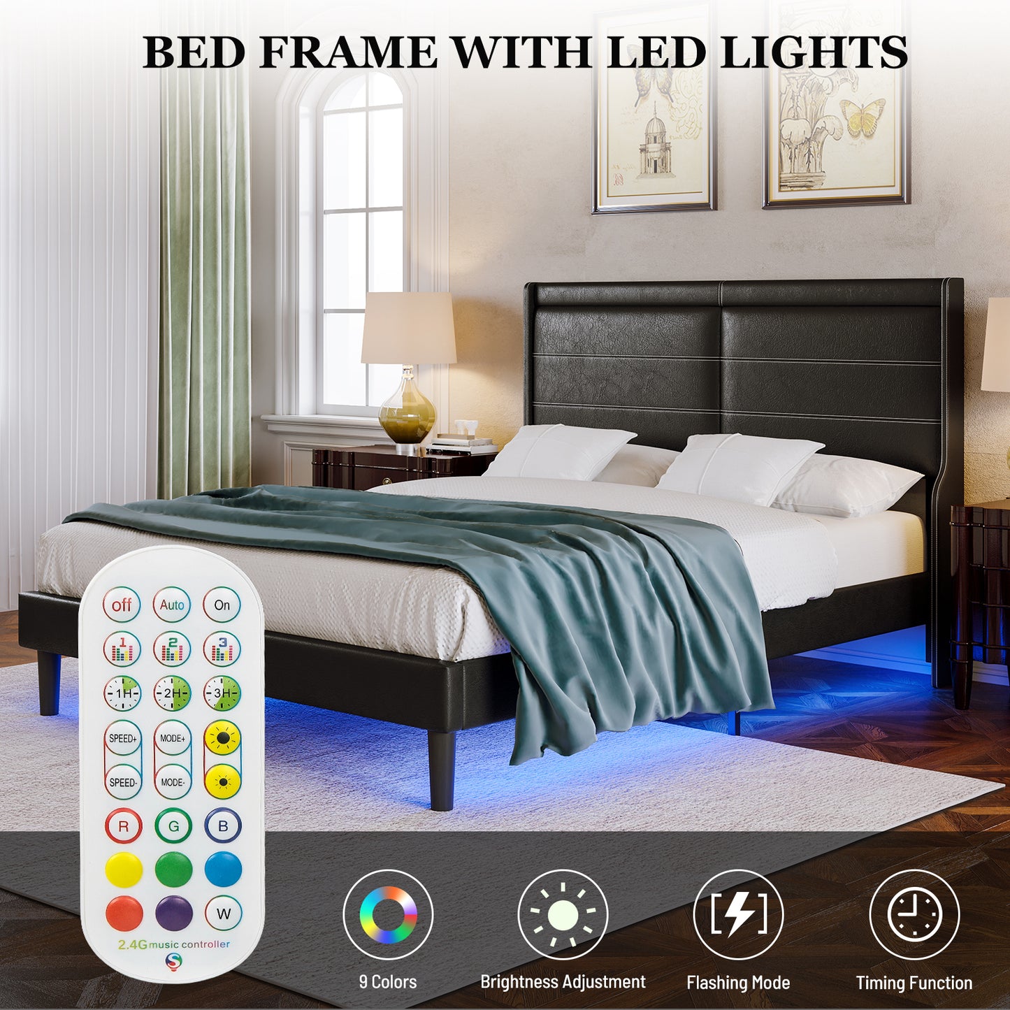 Queen PU Leather Upholstered Bed Frame with LED Lights Wing-Back Headboard Strong Wooden Slats No Box Spring Black