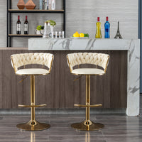 Set of 2 Velvet Bar Stools with Chrome Footrest and Base Swivel Adjustable Height Golden Legs Cream Color