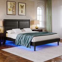 Queen PU Leather Upholstered Bed Frame with LED Lights Wing-Back Headboard Strong Wooden Slats No Box Spring Black