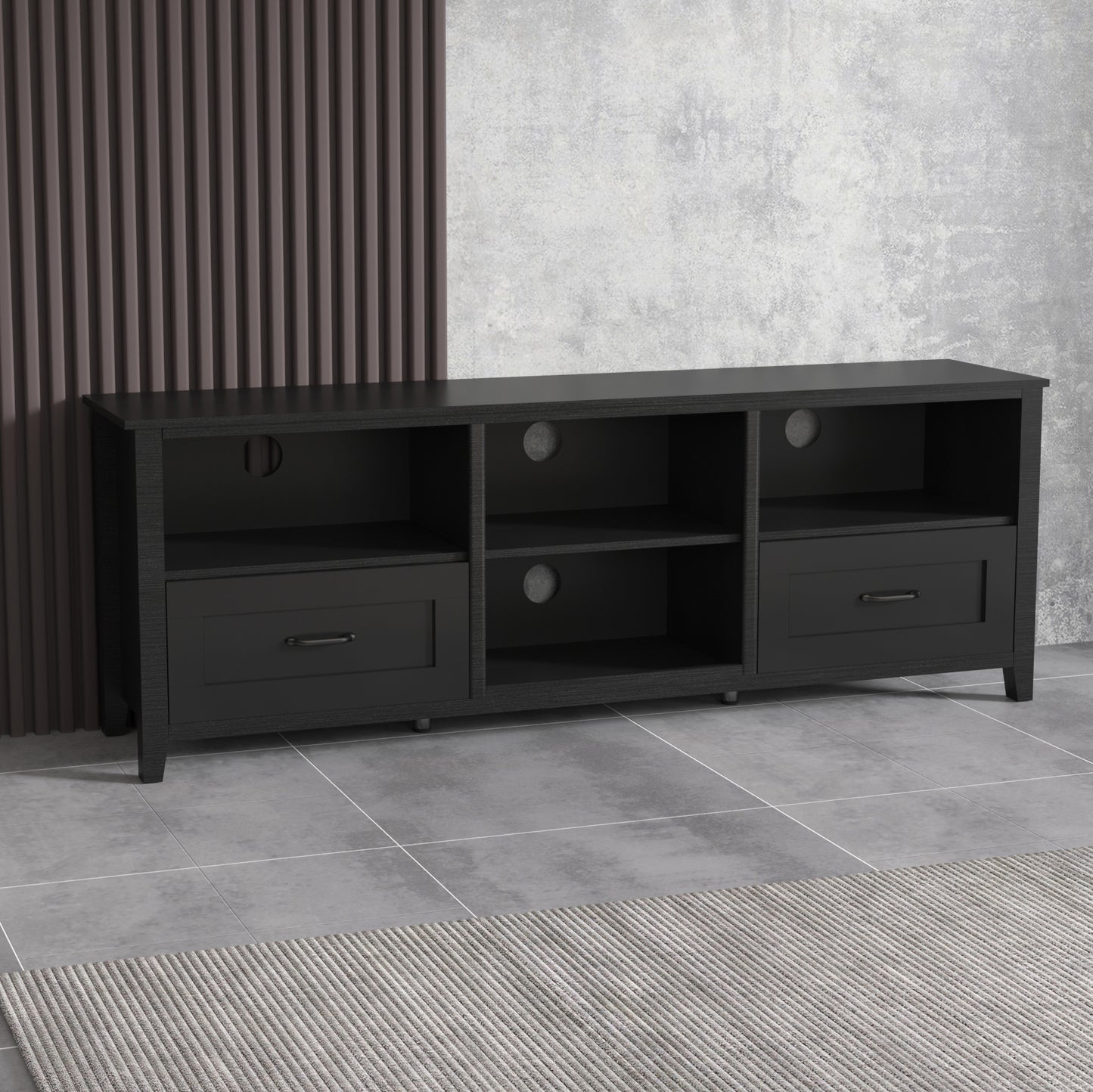 70 Inch Black TV Stand for Living Room and Bedroom with 2 Drawers and 4 Storage Compartments