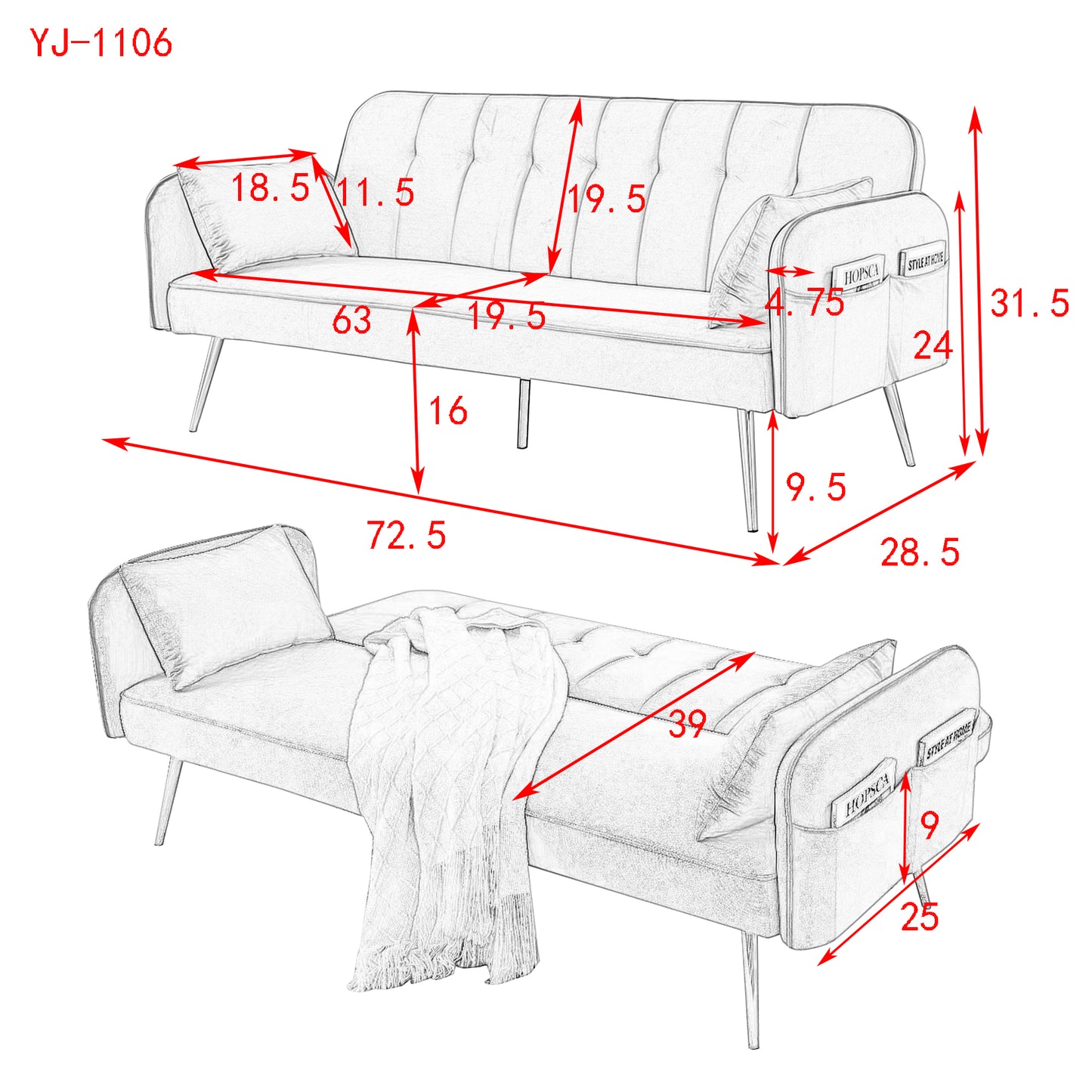 Convertible Velvet Sofa Bed Adjustable Folding Lounge Recliner Reversible Daybed Ideal for Bedroom with Two Pillows and Center Legs