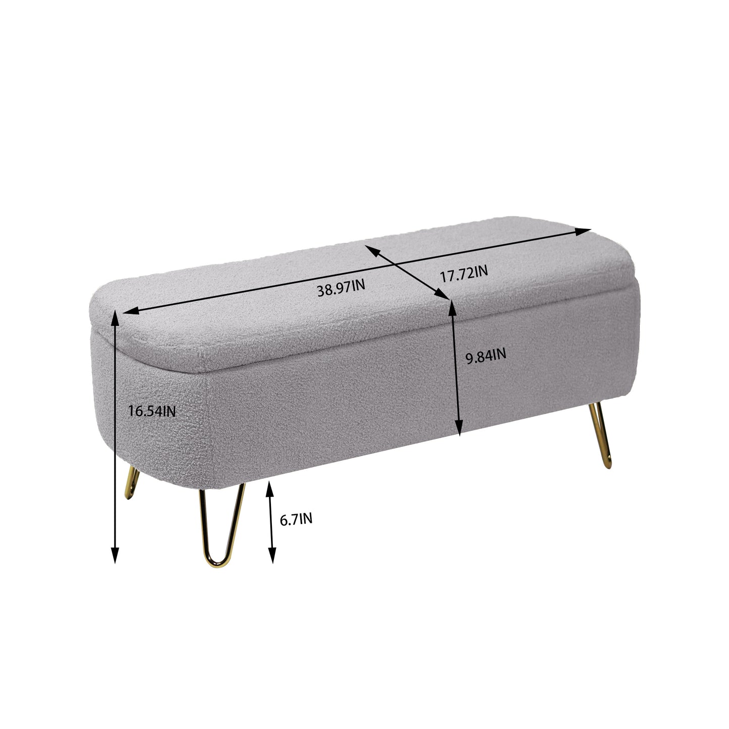 Grey Storage Ottoman Bench for End of Bed with Gold Legs Modern Faux Fur Upholstered Padded Entryway Bench for Living Room Bedroom