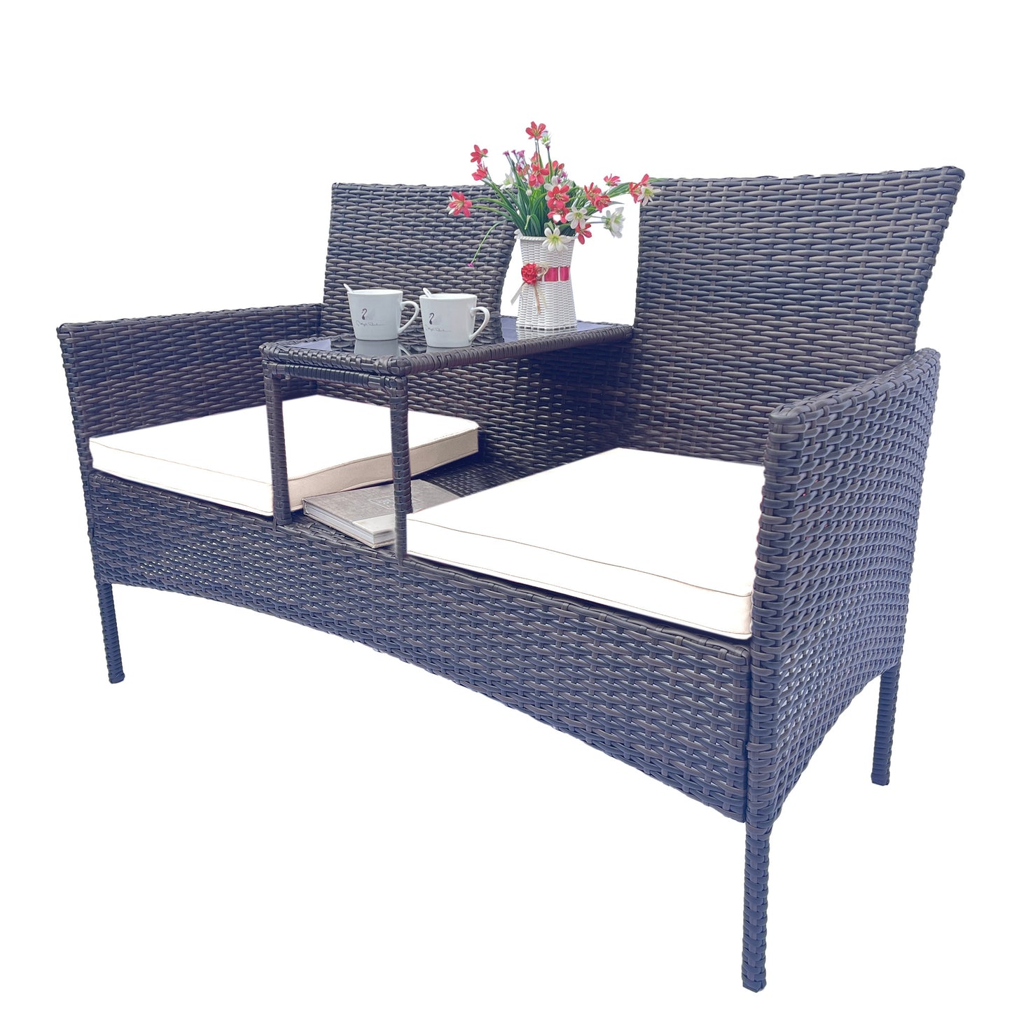 Modern Wicker Patio Conversation Set with Removable Cushions and Tempered Glass Table for Garden and Backyard