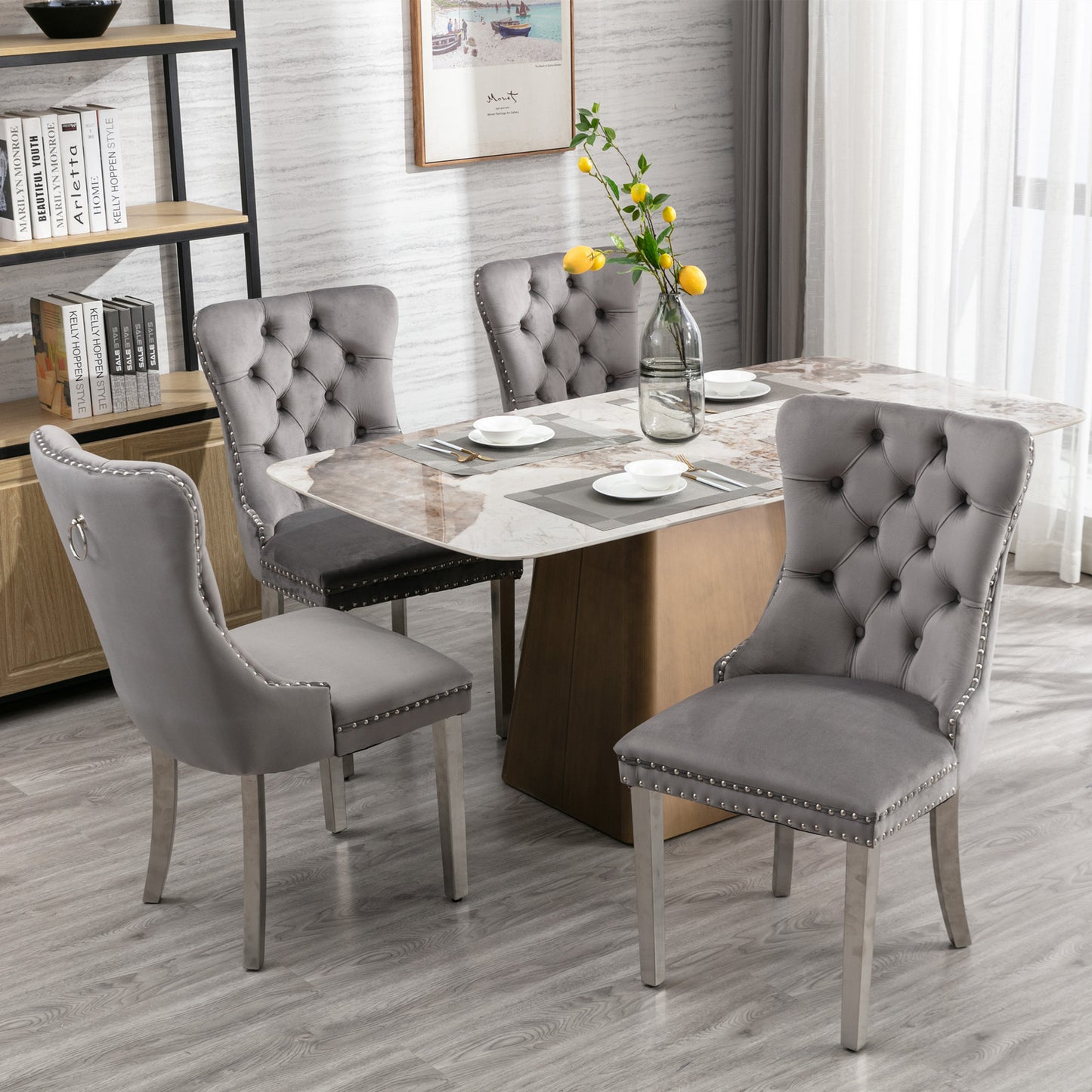 Modern High-end Tufted Solid Wood Velvet Upholstered Dining Chair with Chrome Legs and Nailhead Trim Set of 2 Gray