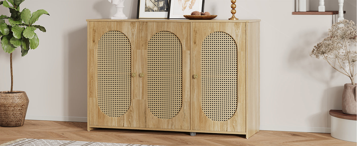 Retro 3-Door Accent Cabinet with Rattan Doors and Metal Handles Stylish Storage Solution for Living Room and Hallway Natural Wood Finish