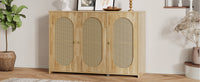 Retro 3-Door Accent Cabinet with Rattan Doors and Metal Handles Stylish Storage Solution for Living Room and Hallway Natural Wood Finish