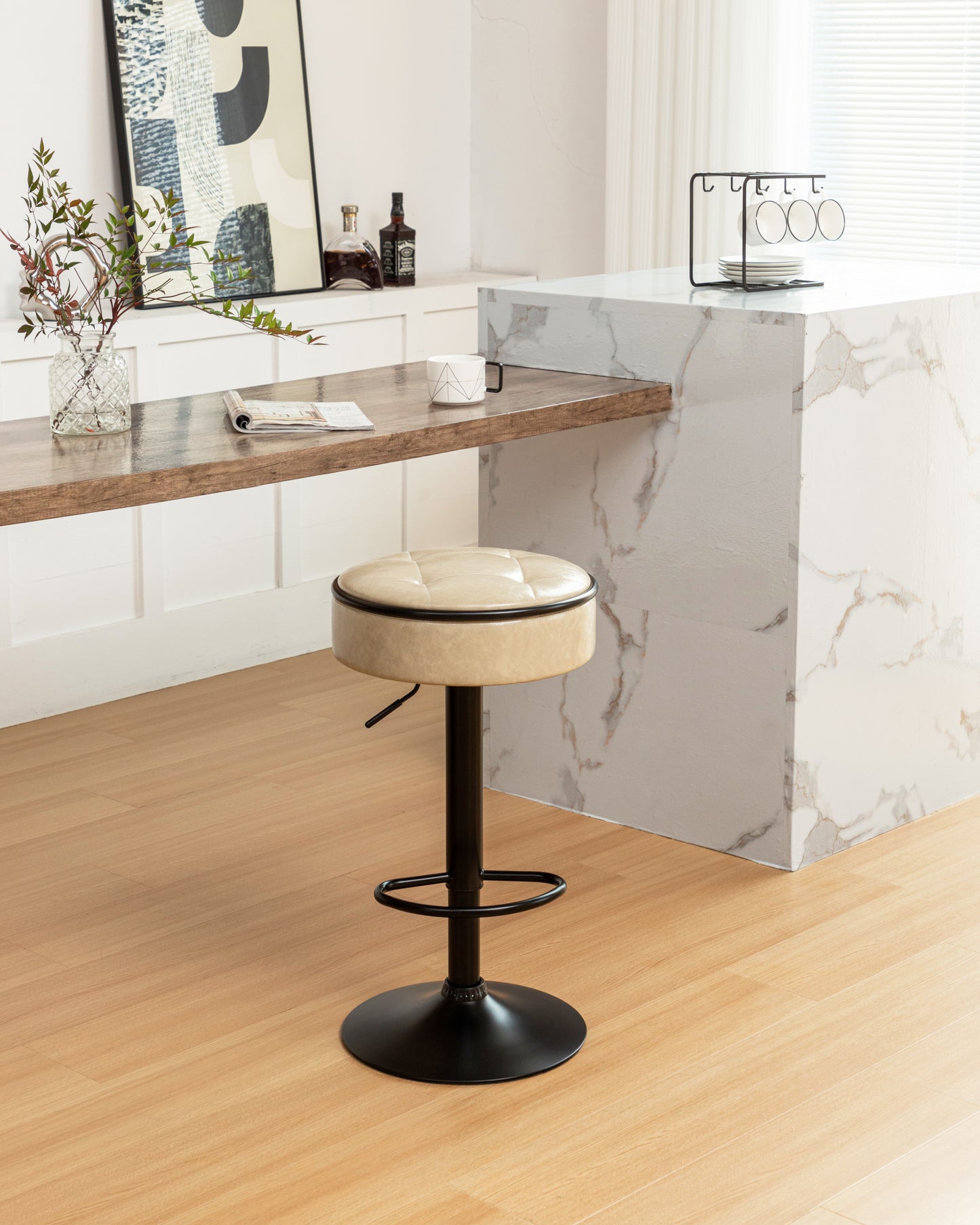 Khaki Faux Leather Adjustable Bar Stool Set of 2 360° Swivel Armless Counter Chairs with Metal Frame for Kitchen Dining Living Room