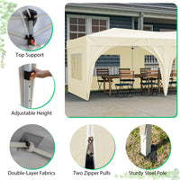 10x20 Beige Pop Up Canopy Tent with 6 Sidewalls Waterproof Commercial Outdoor Shelter Adjustable Heights Carry Bag Sand Bags, Ropes,Stakes