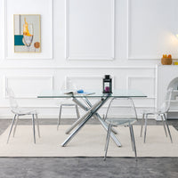 Modern Minimalist Transparent Dining Chair Set 6pcs Armless Nordic Makeup Stool with Silver Plated Metal Legs