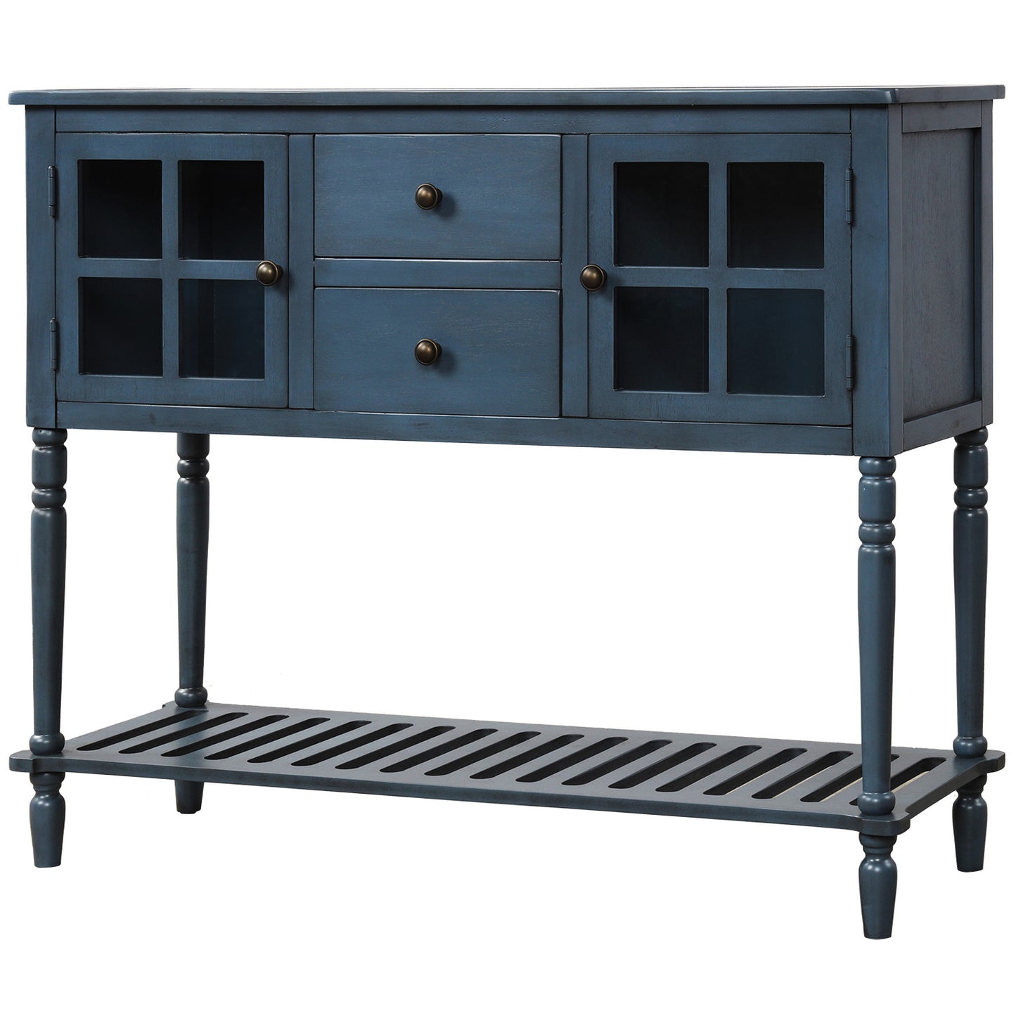 Farmhouse Antique Navy Sideboard Console Table with Bottom Shelf Wood Glass Buffet Storage Cabinet for Living Room