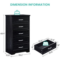 Modern 5 Tier Chest of Drawers with Metal Pulls for Bedroom Living Room Organizer Black 25.2L x 15.8W x 43.5H