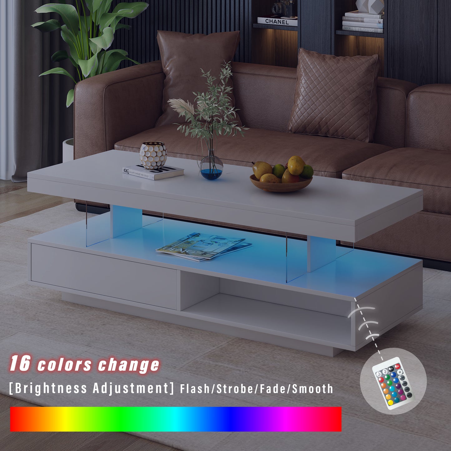 Modern LED Coffee Table with Storage and 2 Drawers, Accent Center Table with Display Shelves for Living Room, White