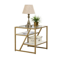 Golden Side Table with Storage Shelf Tempered Glass Top Metal Frame for Living Room and Bedroom